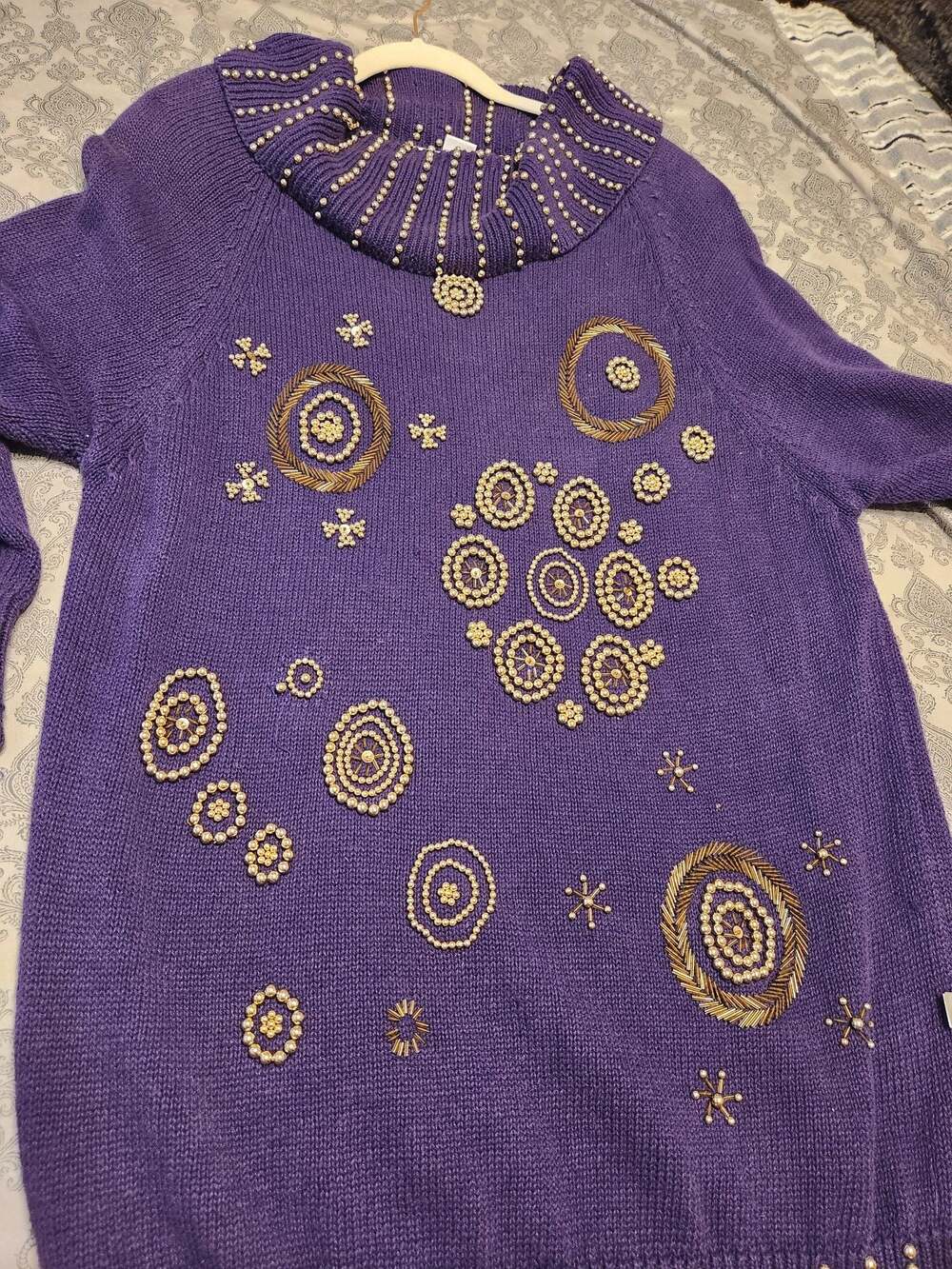 90s Y2K Vintage Purple Beaded Cowl Neck Tunic Sweater - Picture 14 of 14